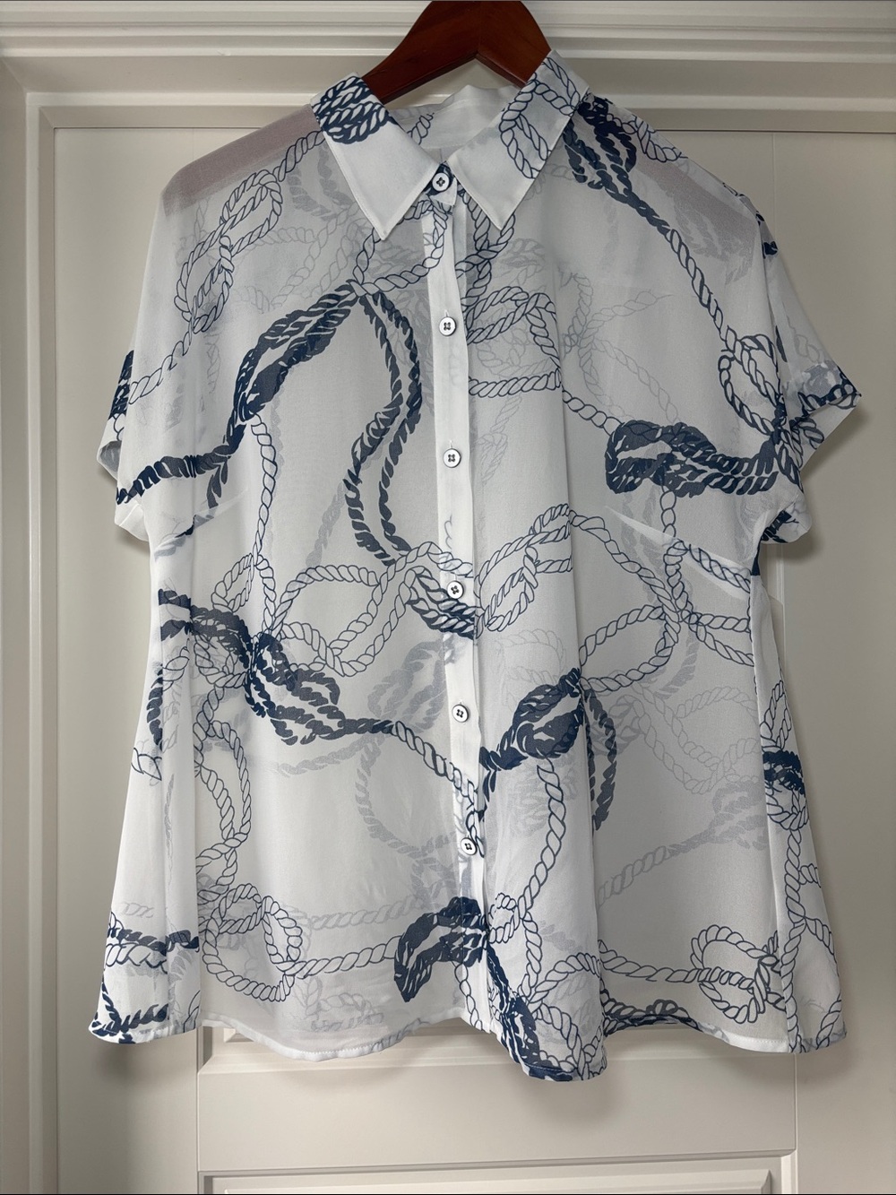 CAbi Sheer Rope-Print Button Down Blouse - White & Navy